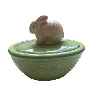 Hallmark Vintage Easter Bunny Dish Rabbit Lid Green Ceramic Bowl Candy Trinkets